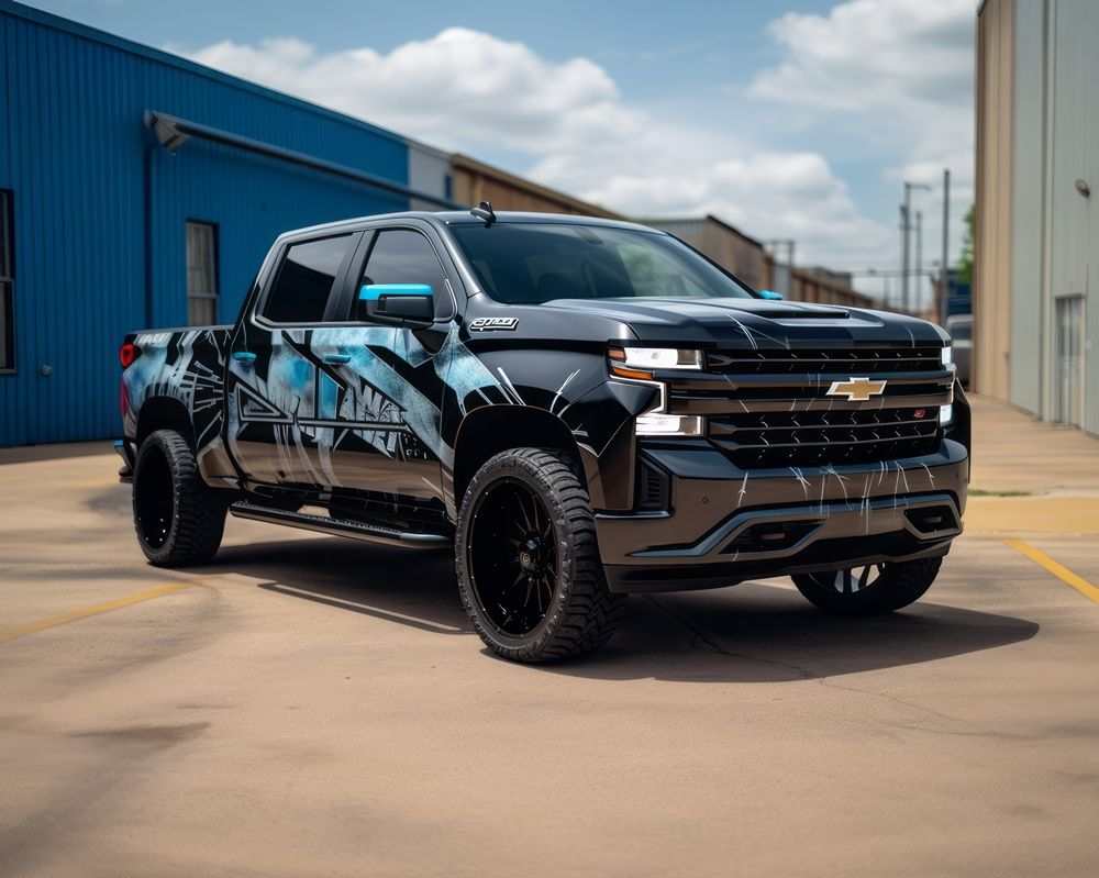 Black 2022 Chevrolet Silverado Custom Wrap with Light Blue Graphics