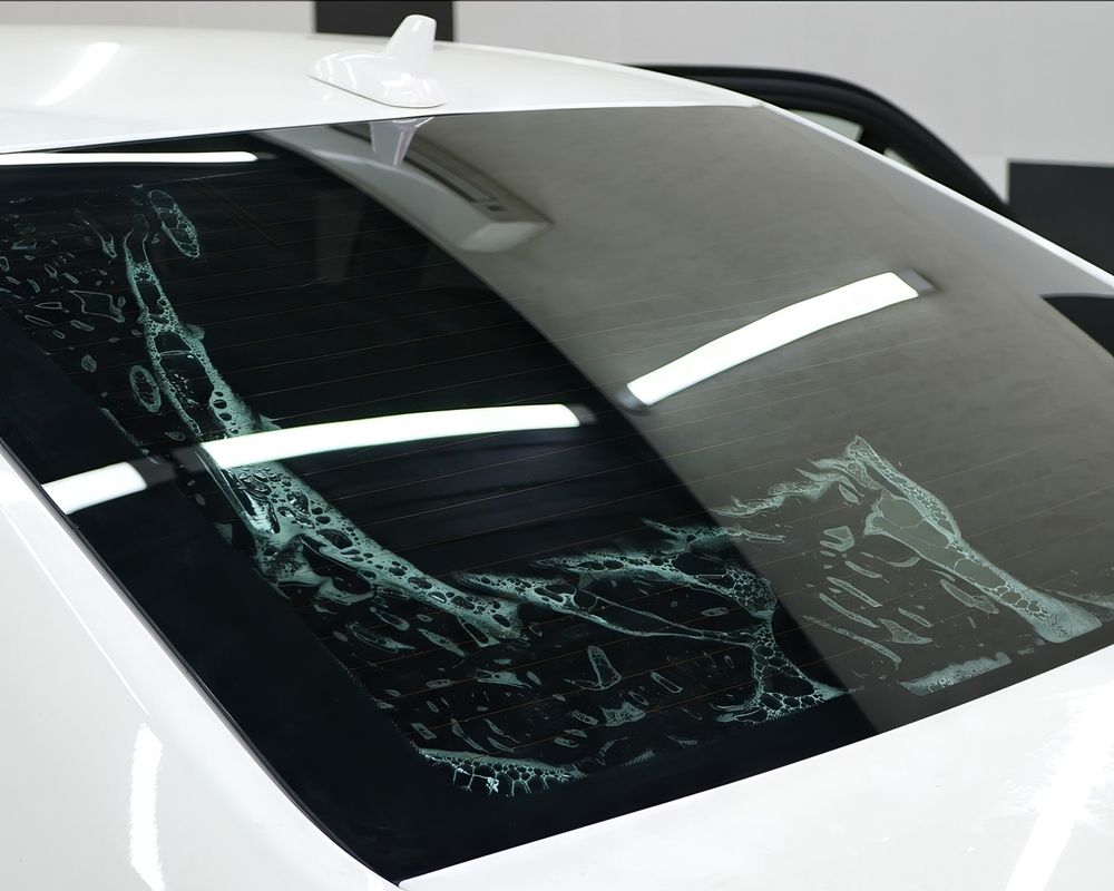 Ceramic Window Tint Installation on Rear Window of a White BMW